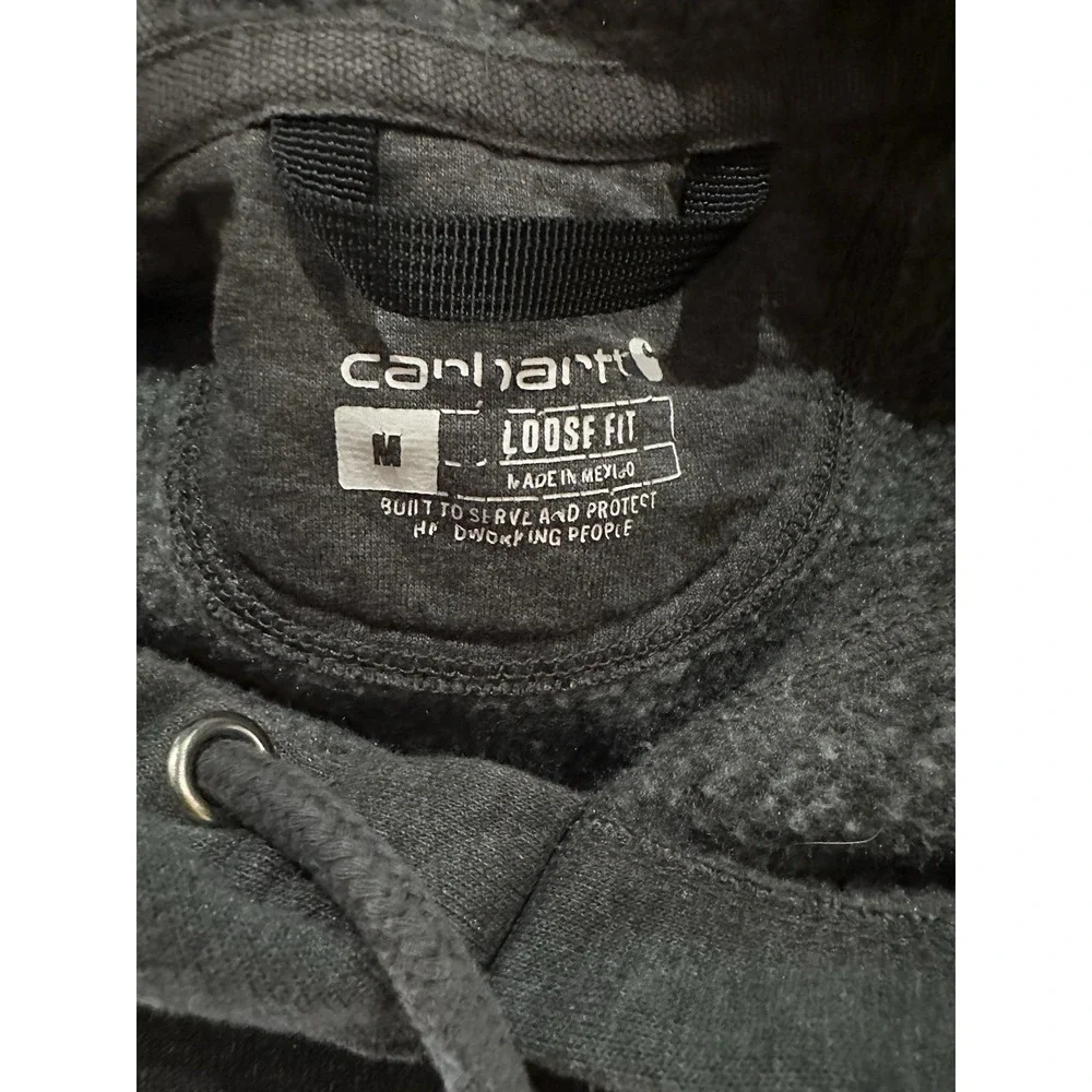 Carhartt Gray Logo Fleece Pullover Hoodie Drawstring Pockets Cotton Blend Size M